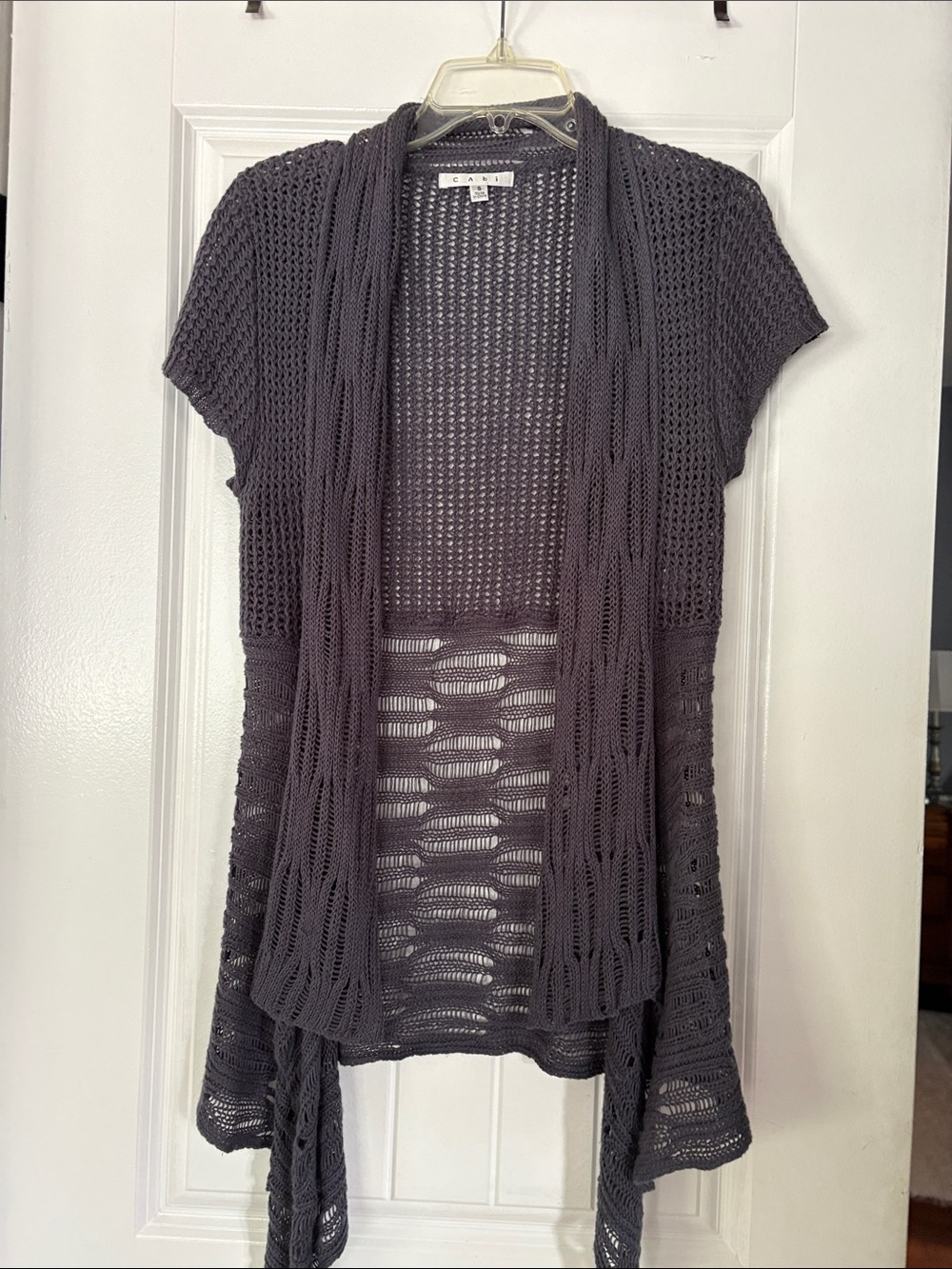 CAbi Open-Weave Short Sleeve Waterfall Cardigan - Charcoal
